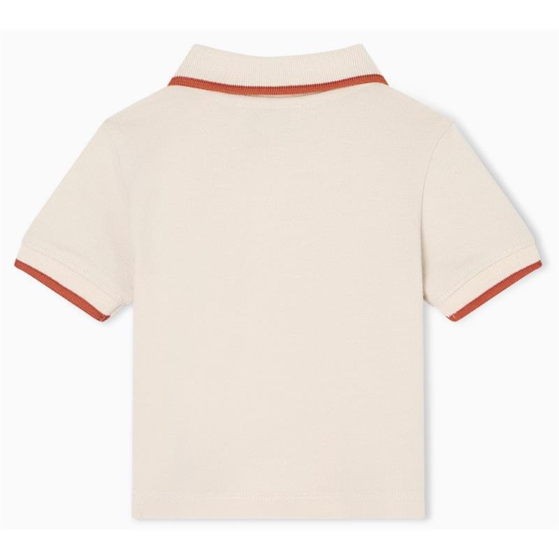 Baby boy short sleeve polo shirt in oak with contrasting dark red piping on collar and sleeves.