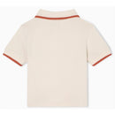 Baby boy short sleeve polo shirt in oak with contrasting dark red piping on collar and sleeves.
