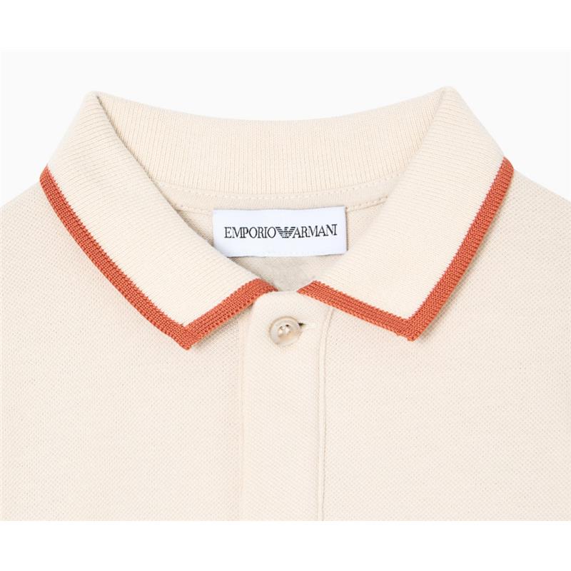 Baby boy short sleeve polo shirt in oak color featuring a red piping detail and an Emporio Armani label.