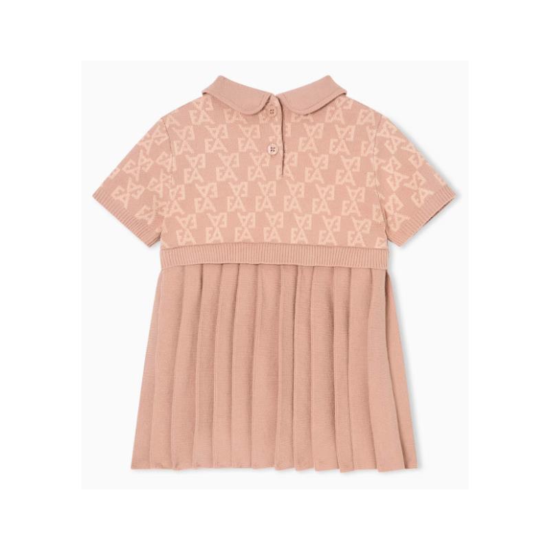 Short sleeve pink dress for baby girls, featuring an all-over EA logo print and pleated skirt design.