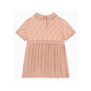 Short sleeve pink dress for baby girls, featuring an all-over EA logo print and pleated skirt design.
