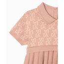 Pink short sleeve pleated dress for baby girls featuring an all-over Armani logo pattern and a collar.