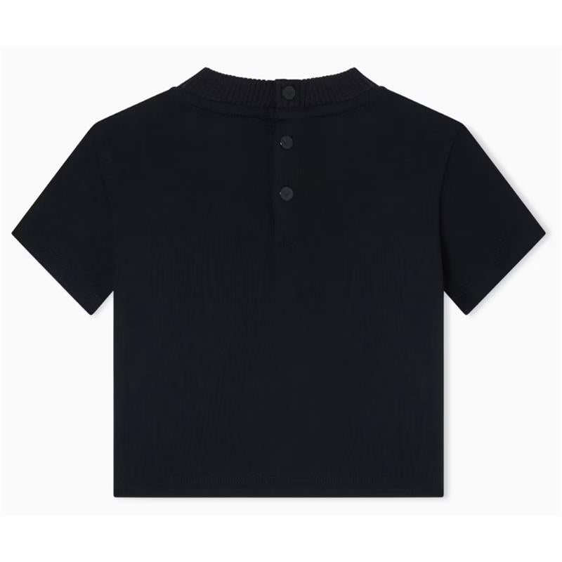 Short sleeve navy t-shirt for boys with a round neckline and three-button closure at the back.
