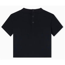 Short sleeve navy t-shirt for boys with a round neckline and three-button closure at the back.