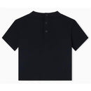 Short sleeve navy t-shirt for boys with a round neckline and three-button closure at the back.
