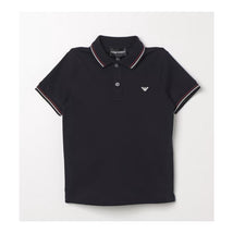 Blue Armani short-sleeve polo for baby boys featuring a logo, two buttons, and contrasting collar stripes.