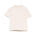 Short sleeve polo shirt for baby boys in oak color, featuring a collar and button closure at the back.