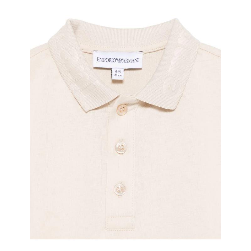 Short sleeve baby boy polo shirt in oak color by Armani, featuring a textured collar and three button closure.