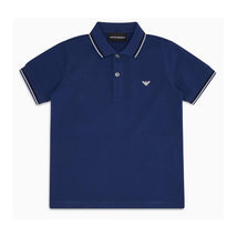 Short sleeve navy polo shirt for baby boys featuring button placket and the Armani logo on the chest.