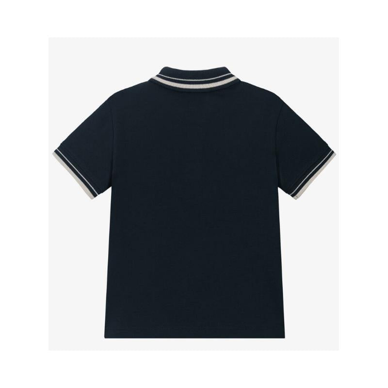 Navy short sleeve polo shirt for boys by Armani Baby, featuring a classic collar and striped cuffs.