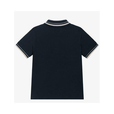 Navy short sleeve polo shirt for boys by Armani Baby, featuring a classic collar and striped cuffs.