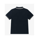 Navy short sleeve polo shirt for boys by Armani Baby, featuring a classic collar and striped cuffs.