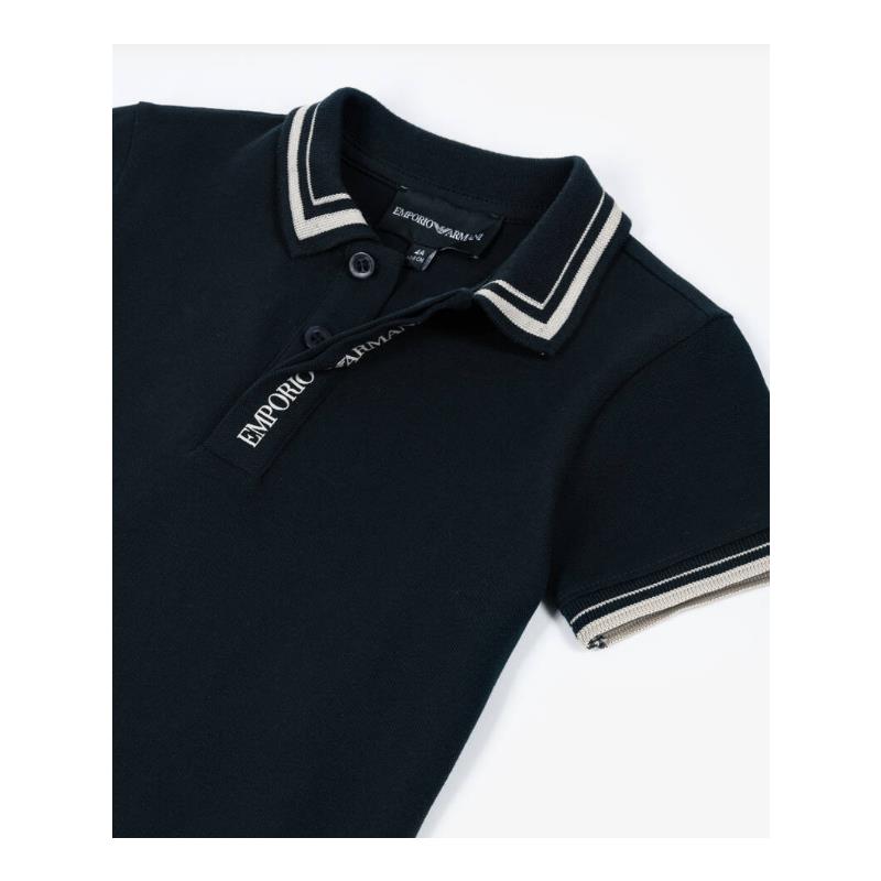 Boys navy short sleeve polo shirt by Armani, featuring a classic collar with striped trim and logo detail on the neckline.
