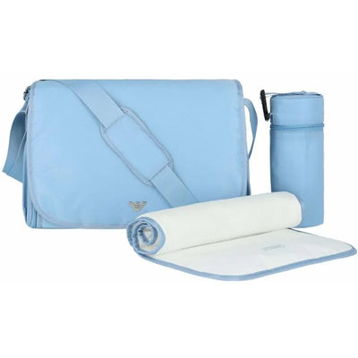 Sky blue Armani Baby mummy bag set, featuring a spacious bag, matching bottle holder, and a rolled changing mat.