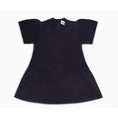 Navy blue flared dress with all-over eagle jacquard knit pattern and short, textured sleeves.