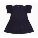 Navy flared dress for babies made of all-over eagle jacquard knit, featuring short sleeves and buttoned back closure.