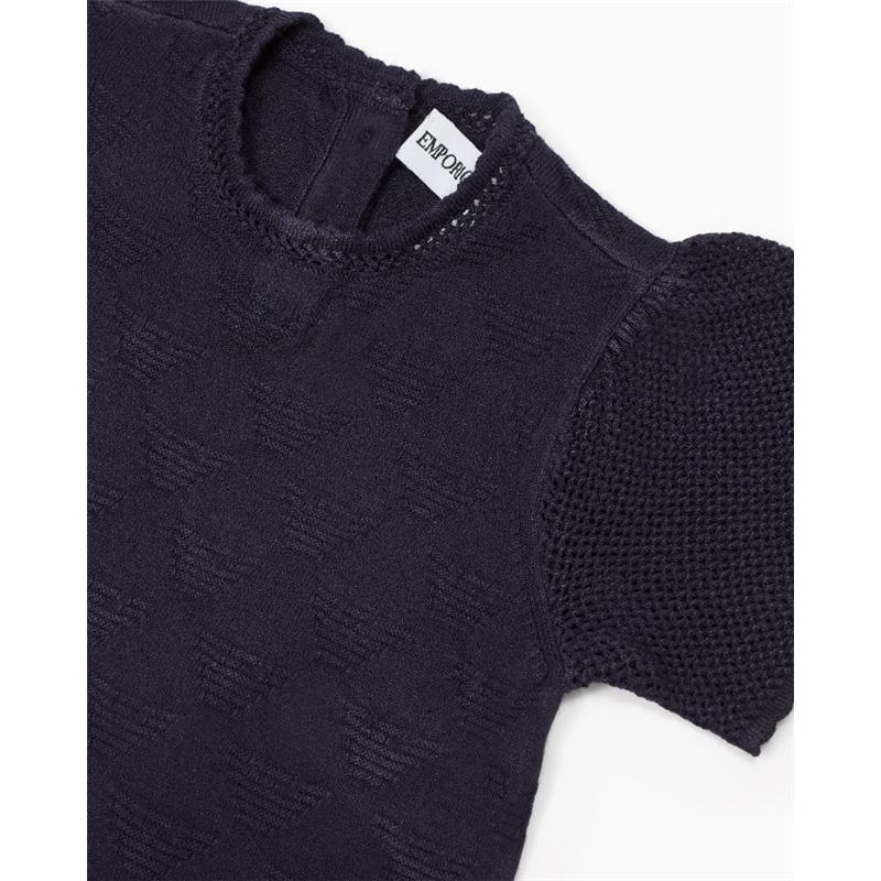 Navy flared dress for babies, featuring all-over eagle jacquard knit and short sleeves.