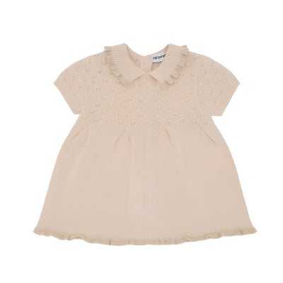 Armani baby girl dress set in sandshell color, featuring a knitted bodice, short sleeves, and a flared skirt with ruffle trim.