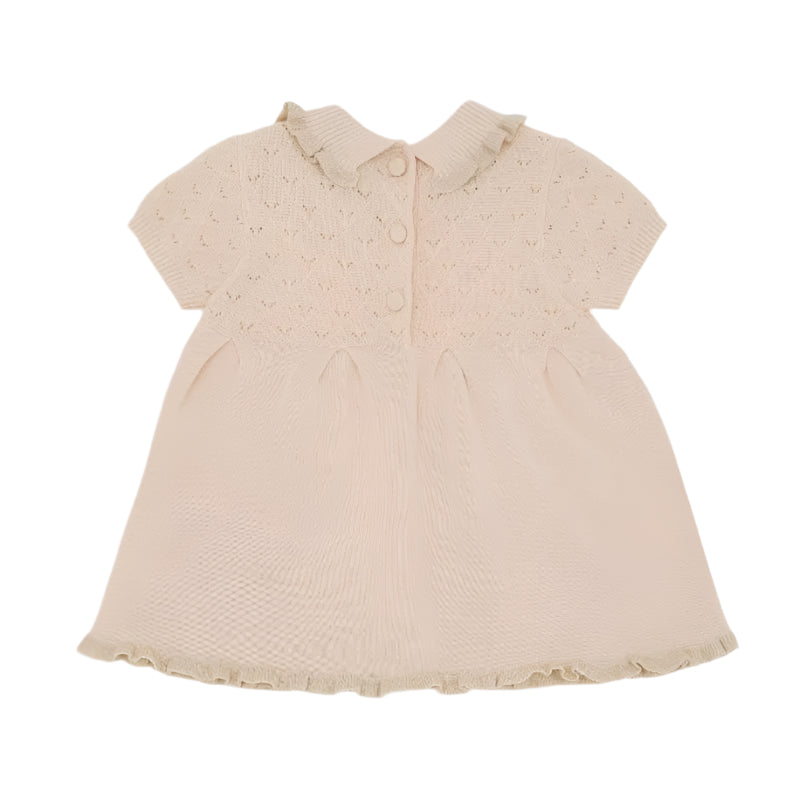 Armani baby girl dress set in sandshell color, featuring a textured knit design, short sleeves, and a buttoned back.