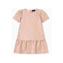 Pink printed dress for girls featuring a frill hem and leaf pattern, designed by Armani Baby.