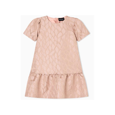 Pink printed dress for girls featuring a frill hem and leaf pattern, designed by Armani Baby.