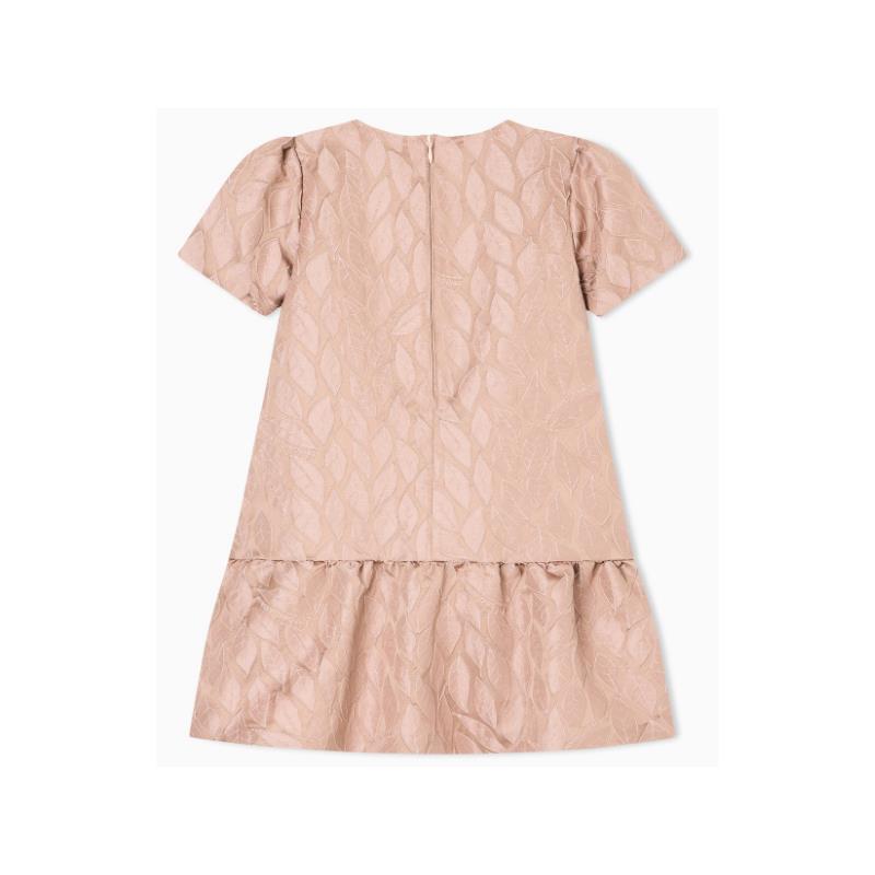 Frill pink dress for girls by Armani Baby with short sleeves and textured leaf pattern.