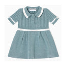 Short sleeve collared dress for girls by Armani, featuring a ribbed texture in a burnished teal color with white detailing.