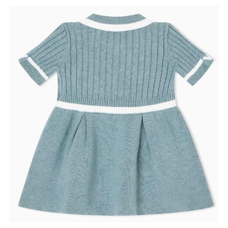Collared short sleeve dress for girls in a soft blue color with white trim, featuring ribbed texture and flared skirt.