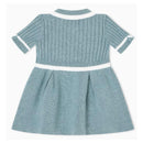 Collared short sleeve dress for girls in a soft blue color with white trim, featuring ribbed texture and flared skirt.