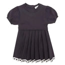 Navy short sleeve pleated dress for girls by Armani Baby, featuring puffed sleeves and a branded hem.