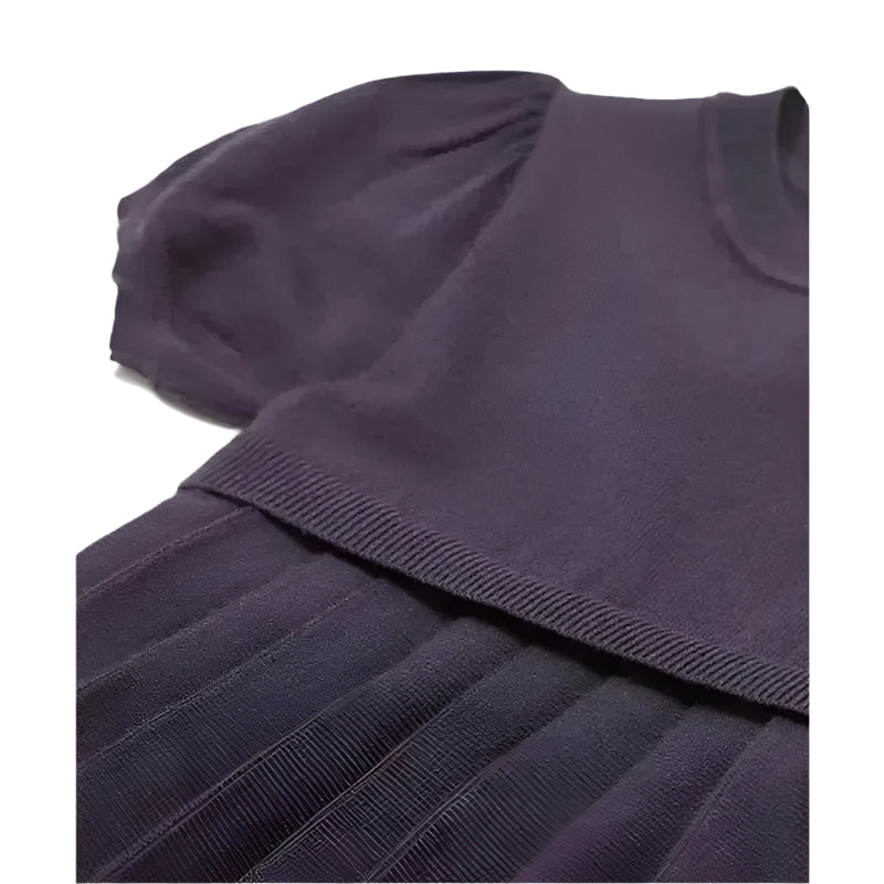 Navy short sleeve pleated dress for girls by Armani Baby, featuring a rounded neckline and delicate pleats.
