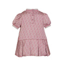 Pink short sleeve dress for baby girls by Armani, featuring a logo pattern and pleated skirt.