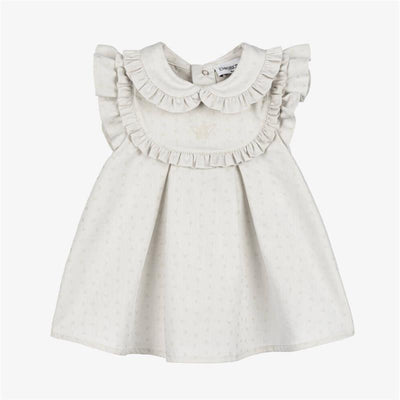 Grey dress for girls with ruffled sleeves and a collar, featuring an embroidered logo on the front.