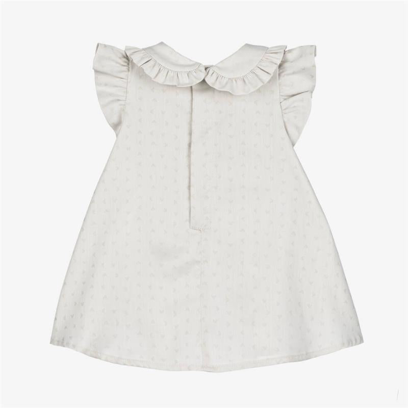 Grey dress with ruffled collar and short sleeves, featuring a subtle logo pattern, designed for baby girls.