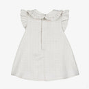 Grey dress with ruffled collar and short sleeves, featuring a subtle logo pattern, designed for baby girls.