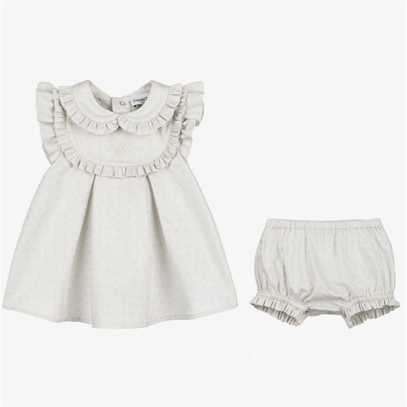 Girls grey Armani Baby logo dress featuring ruffle accents and matching shorts. Elegant and stylish outfit for infants.