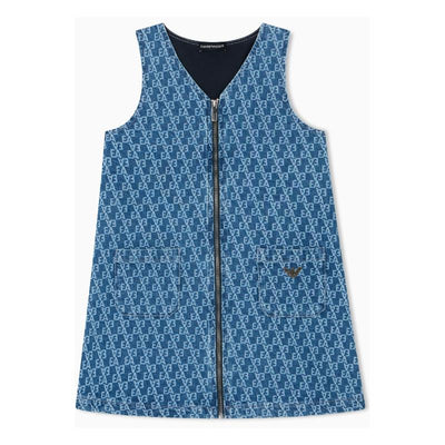 Denim jersey dress for girls in blue with all-over Armani logo, featuring a zip front and two patch pockets.