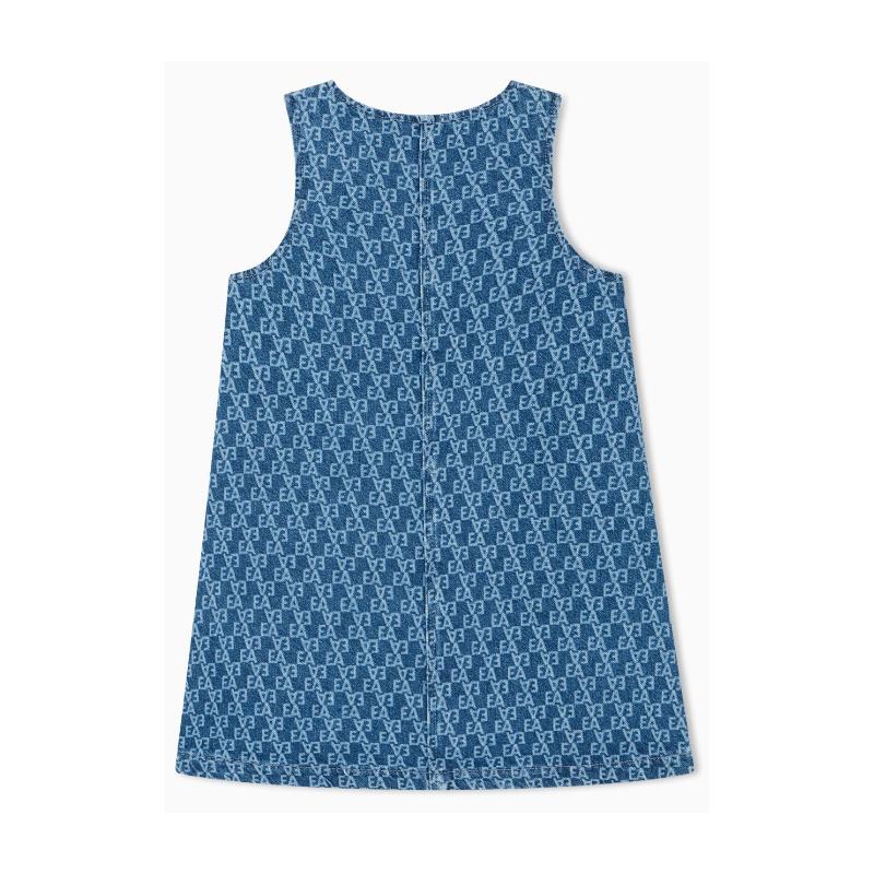 Girls denim jersey dress in blue with all-over logo print and sleeveless design, ideal for casual wear.
