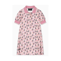 Collared pink dress for girls by Armani Baby, featuring a geometric pattern and short puff sleeves.