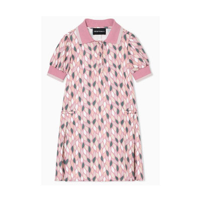 Collared pink dress for girls by Armani Baby, featuring a geometric pattern and short puff sleeves.