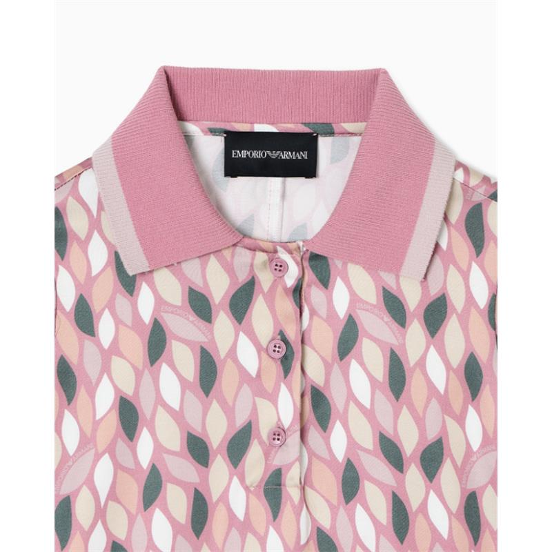 Collared short sleeve dress for girls in pink with a leaf pattern and Emporio Armani label visible at the neckline.