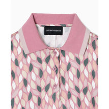 Collared short sleeve dress for girls in pink with a leaf pattern and Emporio Armani label visible at the neckline.