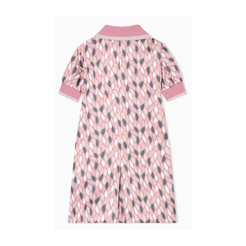 Pink short sleeve collared dress for girls featuring a geometric leaf pattern in light and dark shades.