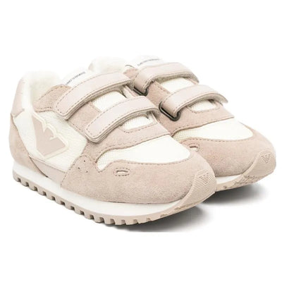 Armani Baby tan and vanilla logo patch sneakers with velcro straps and a sporty design.