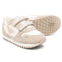 Tan and vanilla Armani Baby logo patch sneakers with suede and fabric materials, featuring double Velcro straps.