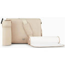 Armani Baby beige mummy bag set, featuring a spacious bag, a bottle holder, and a changing mat.