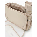 Beige Armani Baby Mummy Bag Set featuring multiple pockets, a zippered compartment, and an insulated bottle holder.