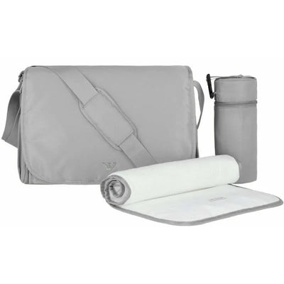 Armani Baby grey mummy bag set featuring a changing mat and bottle holder, designed for convenient baby care.