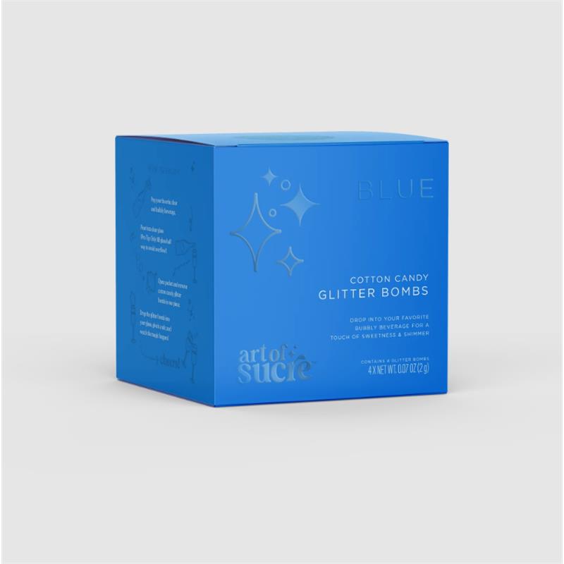 Blue box packaging for Art Of Sucre Cotton Candy Glitter Bombs, featuring text regarding use and contents.