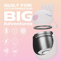 A white bunny-shaped food jar with a pink heart, showcasing its vacuum insulation, leak-proof lid, and kid-friendly design features.